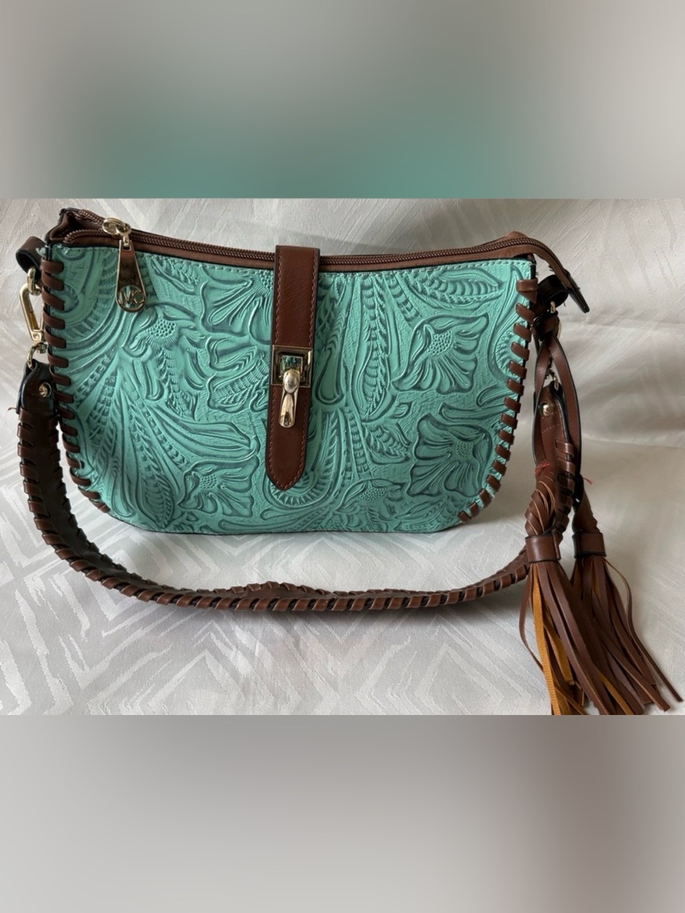Marc Chantal M.C. Tooled Floral Embossed Shoulder Bag in Teal and Brown